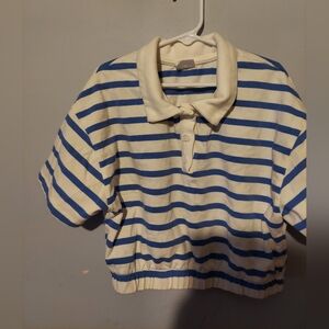 Zara Striped Cropped Polo Shirt Top Size 10 Blue White Preppy Short Sleeve Girls